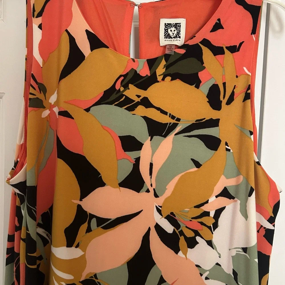 Anne Klein Multicolor Leaf Print Mini Swing Dress-A-Line. Size 10 - Picture 3 of 14
